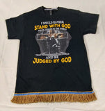 Camiseta hebrea israelita con YHWH (en hebreo antiguo) y Menorá Sagrada con flecos dorados o plateados premium