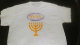 Camiseta hebrea israelita con YHWH (en hebreo antiguo) y Menorá Sagrada con flecos dorados o plateados premium