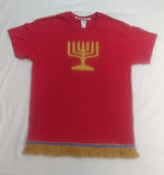 Camiseta hebrea israelita con menorá sagrada y flecos dorados premium (rojo antiguo)