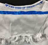 Camisa tipo jersey hebrea israelita 100% rayón con flecos y cinta azul - Tallas juveniles (blanco)