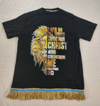 Camiseta hebrea israelita con YHWH (en hebreo antiguo) y Menorá Sagrada con flecos dorados o plateados premium