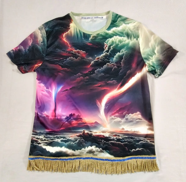 Camiseta hebrea israelita con YHWH (en hebreo antiguo) y Menorá Sagrada con flecos dorados o plateados premium