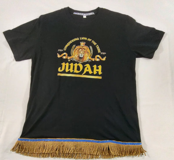Camiseta hebrea israelita con YHWH (en hebreo antiguo) y Menorá Sagrada con flecos dorados o plateados premium