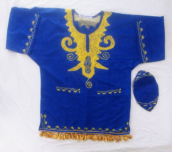 Dashiki hebreo israelita bordado con flecos y Kufi a juego (azul)