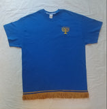 Camiseta hebrea israelita bordada con menorá sagrada y flecos dorados premium (azul)