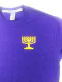 Camiseta bordada de manga larga israelita hebrea (púrpura) con menorá sagrada y flecos de oro premium