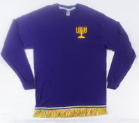 Camiseta bordada de manga larga israelita hebrea (púrpura) con menorá sagrada y flecos de oro premium